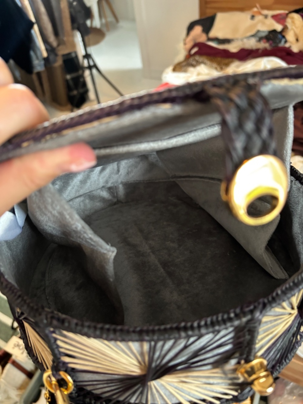 Woven Round Straw Top-Handle Bag - Black & Natural - Picture 7 of 7